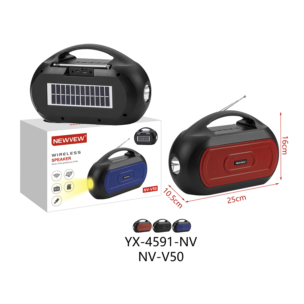 NV-V50 ABS Solar Portable Speaker with Bluetooth Solar Panel External Antenna Flashlight Featured Image